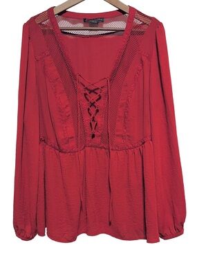 LOVE & LEGEND Red Lace Up Boho Mesh Peasant Blouse Poetcore Renfaire 16